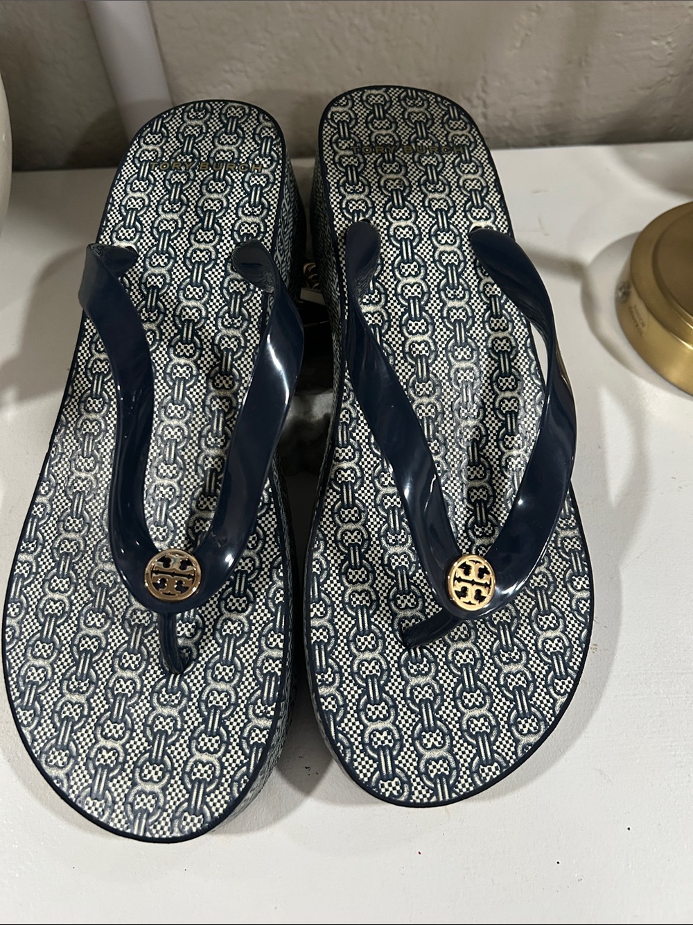 Tory Burch Navy Patterned Logo Jelly Flip Sandals